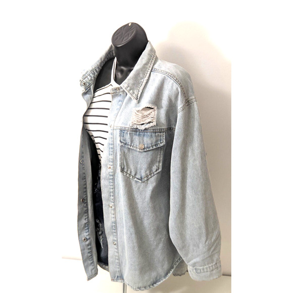 Ci Sono Womens Distressed Denim Jean Curved Hem Pockets Y2K 90s Jacket Shirt Top - Picture 2 of 14